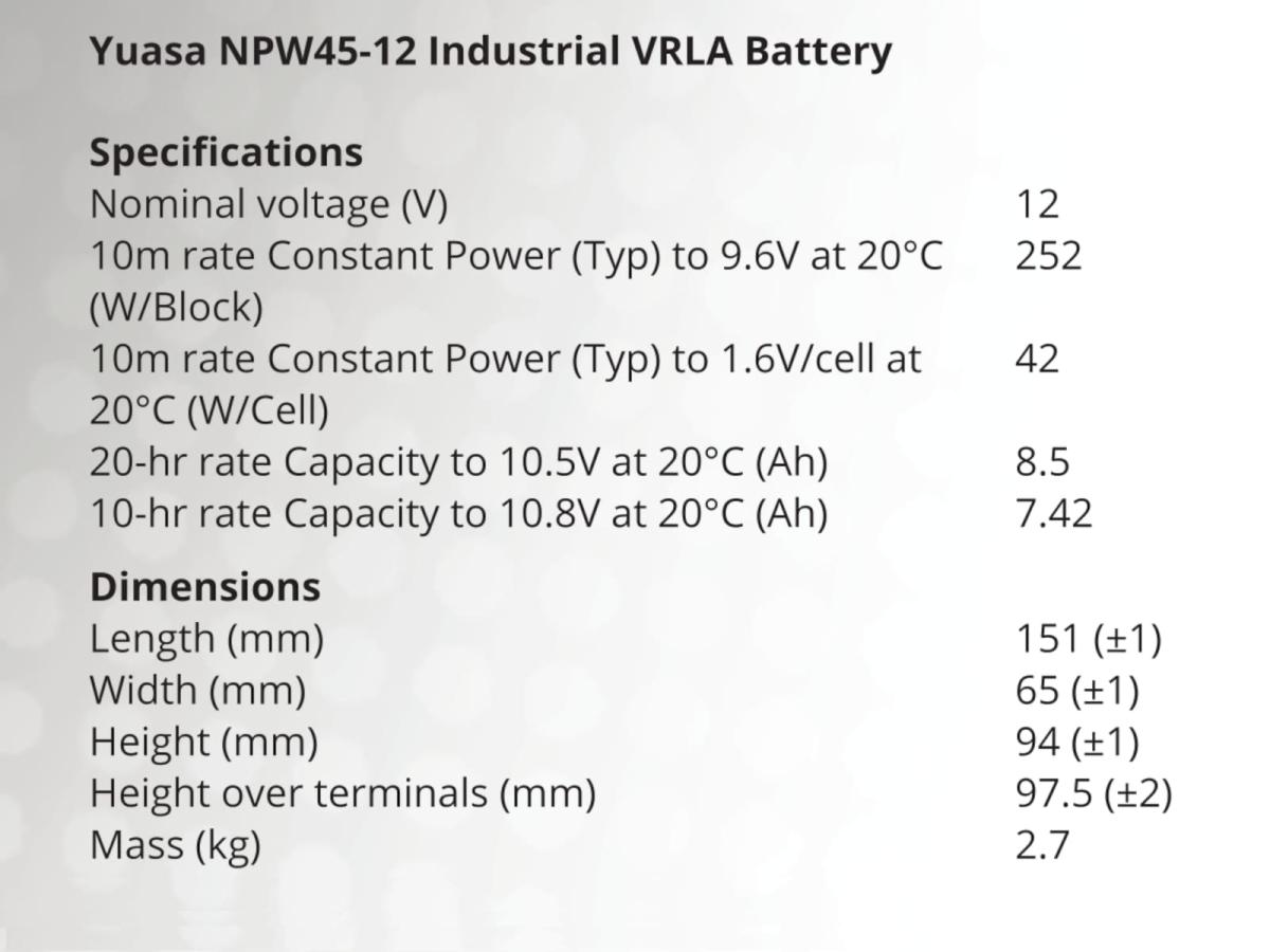 Yuasa NPW45-12 12V 45W 1,6V/10Min Akku Batterie AGM Blei Hochstrom wartungsfrei